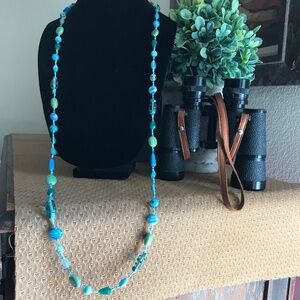 Turquoise Blue & Green Long Beaded Necklace/Pierced earrings